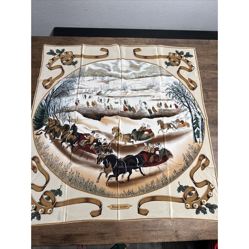 Polo Ralph Lauren Silk Scarf Christmas Snow Horses Jingle Bells Sleigh Winter 35
